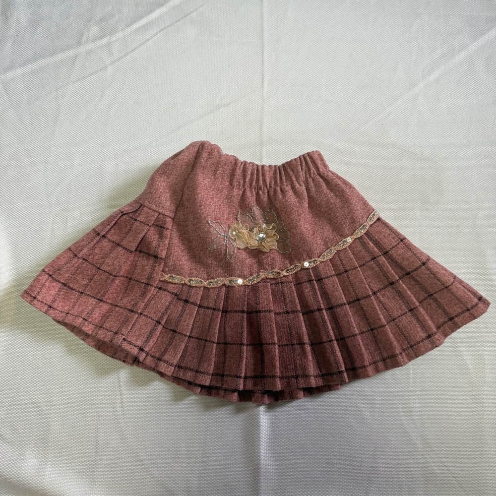 Korean Girls Wool Plaid Skirt – Embroidered Floral, Size 6